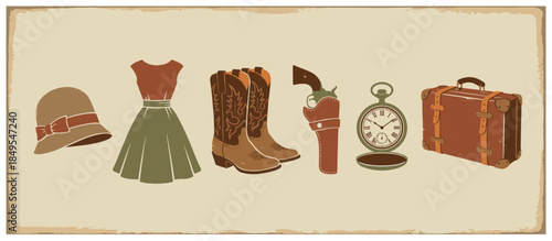 Collection of vintage western travel items including a dress, cowboy boots, a revolver, a pocket watch, and a suitcase in a retro illustrated style with a distressed texture
