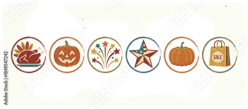 Six holiday and shopping event icons in a circular, distressed frame representing Thanksgiving, Halloween, Independence Day, and sales in a retro, vintage vector style