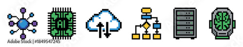 Set of six pixel art icons representing technology concepts like networking, microchips, cloud computing, servers, flowcharts, and artificial intelligence in a retro 8-bit video game style