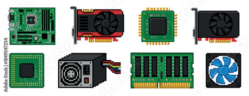 Set of pixel art computer hardware components including a motherboard, CPU, GPU, RAM, fan, and power supply, rendered in a retro 8-bit video game style illustration