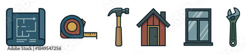 Set of six construction and home improvement icons including a blueprint, tape measure, hammer, house, window, and wrench in a flat, outlined illustration style for building projects