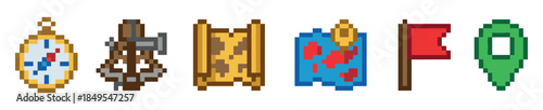 Pixel art adventure and navigation icons set showing a compass, ship wheel, scroll, treasure map, flag, and location pin for a retro video game interface or quest design
