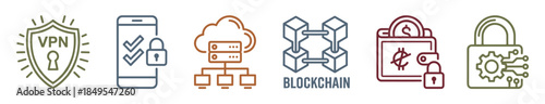 Colorful line art icon set illustrating cybersecurity concepts like VPN, blockchain, cloud computing, mobile authentication, and secure cryptocurrency wallet technology