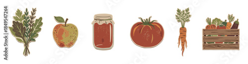 Set of six farm harvest illustrations showing fresh herbs, a ripe apple, homemade jam, a tomato, a carrot, and a wooden crate of organic vegetables in a vintage style