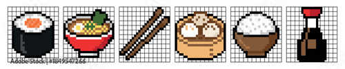 Set of six pixel art icons featuring Asian cuisine including sushi, ramen, chopsticks, dim sum, rice, and soy sauce, rendered in a retro 8-bit video game style