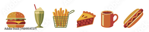 Set of fast food icons including a hamburger, milkshake, fries, pie, coffee, and hot dog in a retro flat design style with a vintage color palette