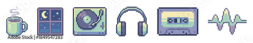 Set of pixel art icons showing a steaming mug, night window, turntable, headphones, cassette tape, and sound wave for a cozy lo-fi music aesthetic