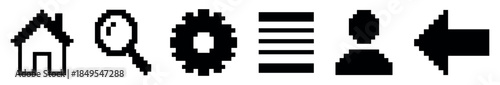 Six black pixel art user interface icons featuring home, search, settings, menu, profile, and back arrow symbols in a minimalist retro 8-bit computer graphic style