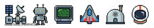Pixel art collection of retro space objects including a robot, spaceship, satellite, astronaut helmet, computer monitor, and a science facility in an 8-bit style