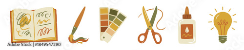 Set of hand-drawn creative icons including a sketchbook, paintbrush, color palette, scissors, glue, and lightbulb, illustrated in a warm, earthy style for art and craft concepts