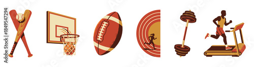 Collection of retro sports equipment icons showing baseball, basketball, football, track running, weightlifting, and treadmill exercise in a vintage flat illustration style