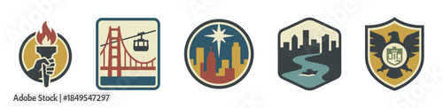 Collection of five retro vector emblems and badges featuring a flaming torch, suspension bridge, city skylines, and a heraldic eagle shield in a vintage, graphic style