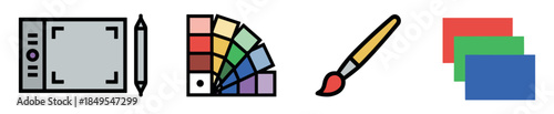 Set of four graphic design icons representing digital and traditional art tools, including a graphics tablet, color swatch guide, paintbrush, and RGB color model symbols in a flat style