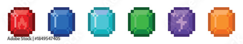 Pixel art set of colorful vertical gems in a row, a collection of shiny crystal assets for a retro video game interface or fantasy design element