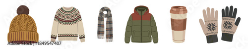 Set of warm winter clothing and accessories including a sweater, jacket, beanie, scarf, and gloves with a hot drink, illustrated in a cozy flat vector style
