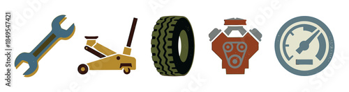 Set of vintage automotive service icons including a wrench, jack, tire, engine, and gauge, presented in a retro, textured illustration style for car repair concepts