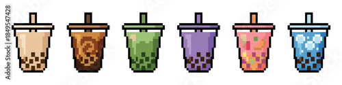 Set of colorful pixel art bubble tea drinks in plastic cups with straws, featuring various flavors like milk tea, matcha, taro, and fruit tea with tapioca pearls in a retro 8-bit style