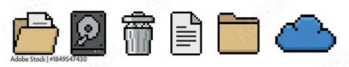 Six pixel art computer user interface icons showing a folder, document, hard disk drive, recycle bin, and cloud storage in a nostalgic, old-school digital graphic style