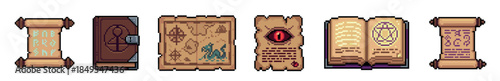 Set of pixel art fantasy scrolls and books for a video game, featuring a treasure map, a locked diary, and magical spellbooks with glowing runes and arcane symbols for a quest
