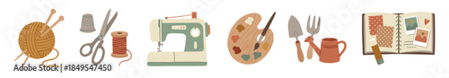 Collection of illustrated hobby and craft items including knitting, sewing, painting, gardening, and scrapbooking tools in a warm, earthy color palette