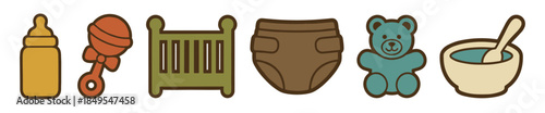 Set of six vintage-style baby icons including a bottle, rattle, crib, diaper, teddy bear, and food bowl, illustrated in a retro color palette with thick brown outlines