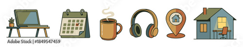 Set of remote work icons including a laptop, calendar, coffee mug, headphones, and house symbol for freelance or home office concepts in a flat cartoon vector style