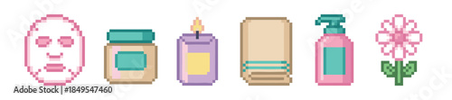 Set of pixel art beauty and skincare icons including a face mask, cream, candle, towel, spray, and flower for a spa day concept in a retro 8-bit video game style