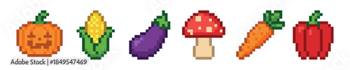 Set of pixel art vegetable icons including a jack-o-lantern, corn, eggplant, mushroom, carrot, and bell pepper in a retro 8-bit video game style
