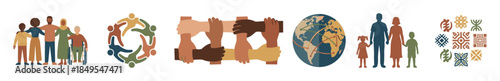 Set of flat vector illustrations depicting diversity, community, inclusion, global unity, family, and cultural heritage with diverse people, hands, a globe, and ethnic symbols