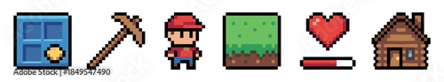 Pixel art video game icons set featuring a character, house, pickaxe, heart, health bar, door, and earth block in a retro 8-bit style for a user interface
