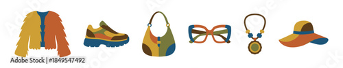 Collection of retro 1970s fashion accessories including a shaggy jacket, platform sneaker, handbag, sunglasses, necklace, and hat in a flat vector illustration style
