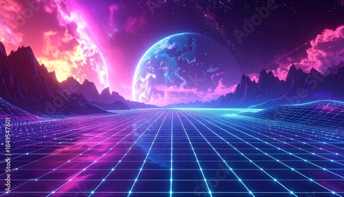 A glowing globe of planet earth floats in the dark night of space as the sun rises over the blue ocean horizon through a shimmering atmosphere of clouds and stars