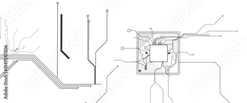 Vectors Abstract connecting lines and dots. AIsolated abstract digital AI chip or semiconductor with circuit board wires and electronics components.