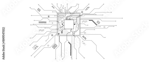 AI circuit board background with glowing data pathways and semiconductor chip technology creating futuristic digital network patterns in black electric light. 