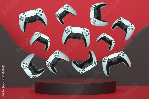 Colorful gaming controllers joystick levitating over podium against abstract background, minimalist concept device on pedestal