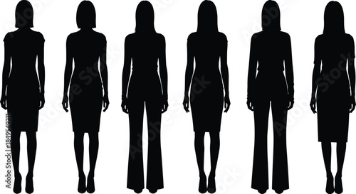 Silhouette, women figures, fashion styles, standing pose, dress and pants, body shape contrast, black background, minimal design, identity, posture