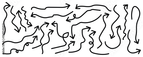 Hand drawn arrow. Doodle curved arrow. Sketch style directional symbols on white background, vector illustration.