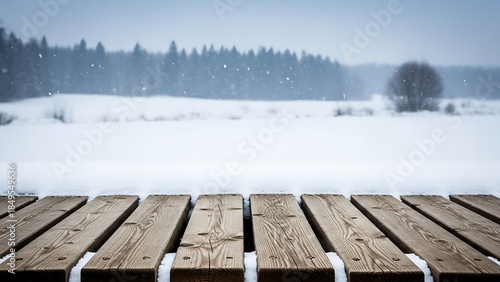 Wallpaper Mural Empty wooden table top looking out over a snowy winter landscape Torontodigital.ca