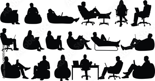 Silhouettes collection of people working, relaxing, or using laptops while sitting comfortably in office chairs, lounge furniture, and bean bags, demonstrating remote work flexibility, vector graphic