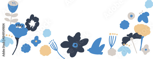 北欧風の草木イラスト。草木と花の北欧風背景。かわいい草木と花のベクターフレーム。Scandinavian-style plant illustration. Scandinavian-style background of plants and flowers. Cute plant and flower vector frame.