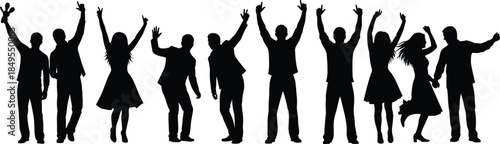 Silhouettes of a diverse group of professional and casual people celebrating with hands in the air, expressing collective joy, great teamwork, success, achievement, and party excitement.