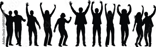 Silhouettes of an ecstatic and diverse group of people cheering with hands raised in the air, celebrating success, freedom, achievement, and vibrant community spirit.