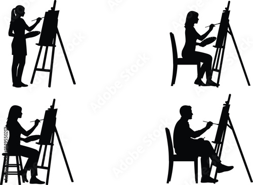 Silhouettes of artists, men and women, painting at easels while sitting and standing, illustrating creativity, fine arts, and art classes