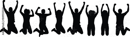 Silhouettes of an ecstatic group of diverse young men and women jumping high with arms raised, celebrating pure joy, freedom, success, teamwork, achievement, and positive energy together.