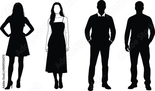 Standing silhouette illustration, diverse clothing vector, faceless people design, male female figure art, minimal black character posture, stock concept