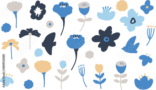 北欧風の草木イラスト。草木と花の北欧風背景。かわいい草木と花のベクターフレーム。Scandinavian-style plant illustration. Scandinavian-style background of plants and flowers. Cute plant and flower vector frame.