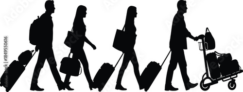 Travelers walking with luggage, airport silhouettes, black vector illustration, people in motion, travel concept, tourism, journey, vacation, transit