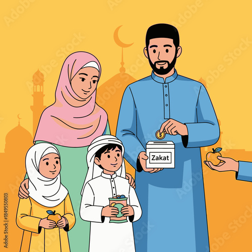 Family celebrating zakat during ramadan Vector