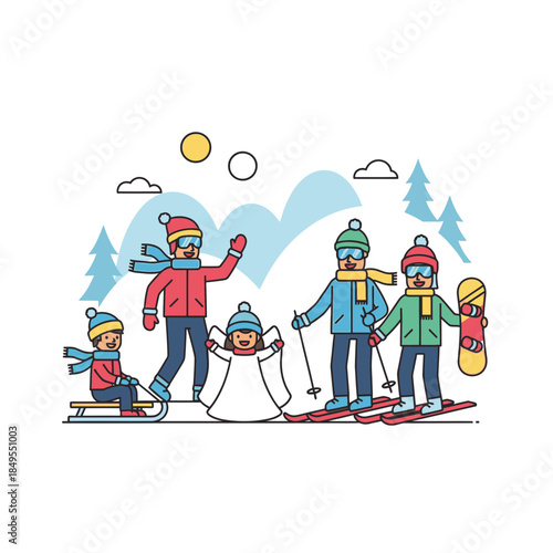 Family enjoying winter sports Vector