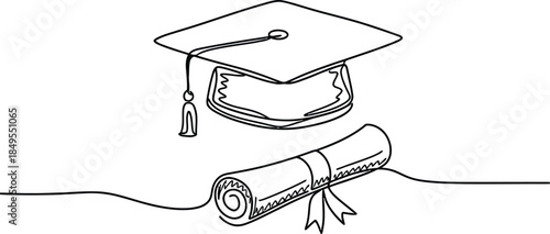 Continuous One Line Drawing of Graduation Cap and Diploma Scroll